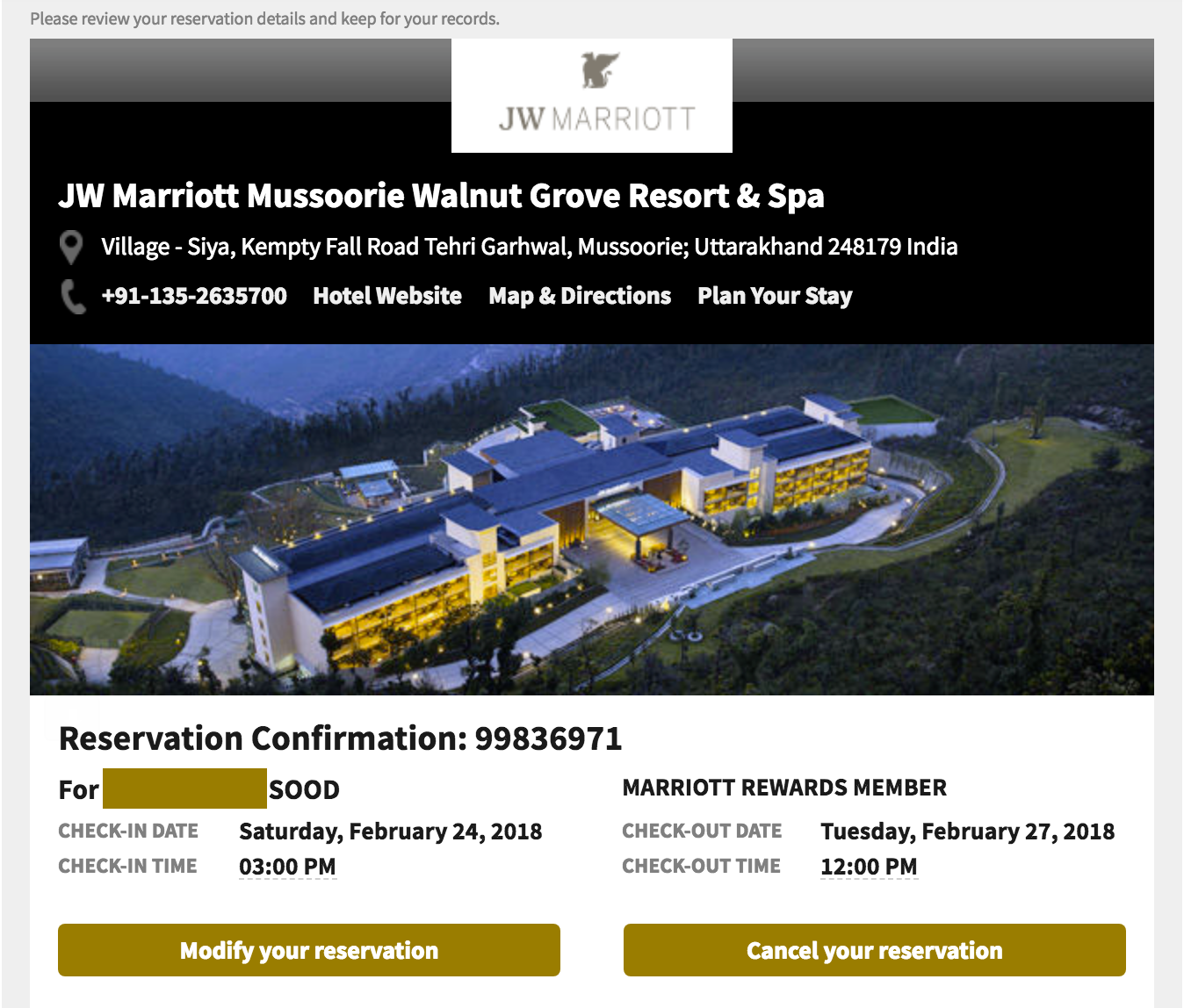 Booking Confirmation - Horrifying Experience - JW Marriott Mussoorie Walnut Grove Resort & Spa