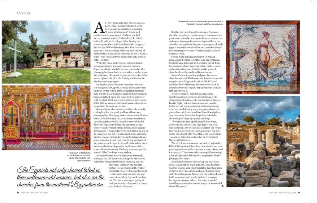 Page 3 & 4 of the published article - Seeing more heritage gems from Cyprus, it increasingly became clear that over the centuries, Cypriots have demonstrated amazing talent. They not only showcased talent in their three-millennia old mosaics but also via the painted churches from the medieval Byzantine era - Cyprus - Beyond the Mediterranean Hues. #WorldHeritageSite #UNESCOWorldHeritageList #CyprusUNESCOSites #Mosaics #ByzantineChurches