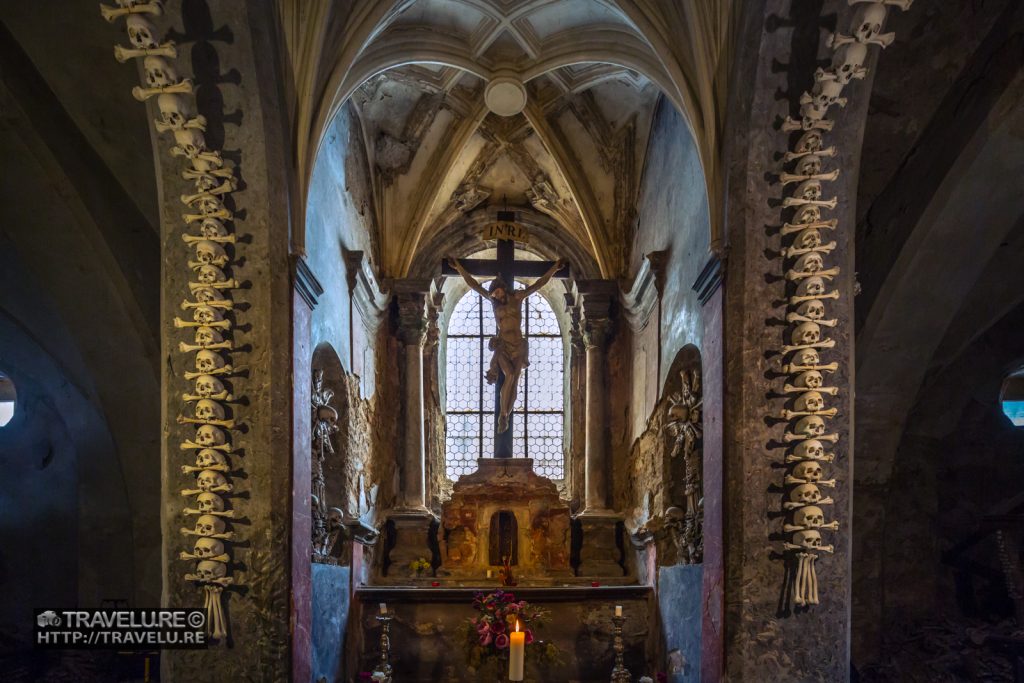 A view of the altar of the Bone Church Kutna Hora Czech Republic (Sedlec Ossuary)