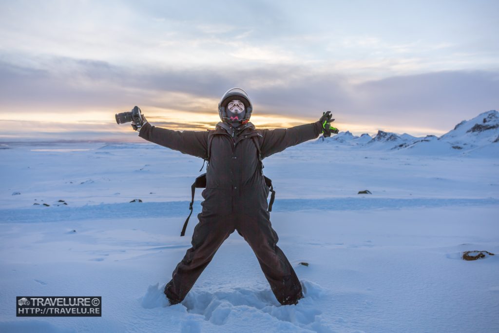 An exuberant Jose, upon alighting near the shack in Langjökull