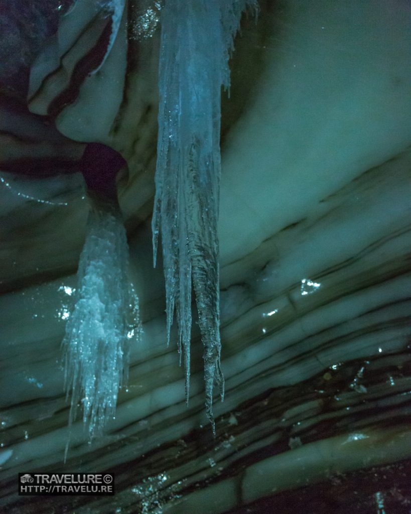 Stalactites inside the ice cave in Langjökull