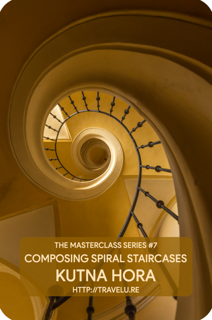 You may recall the Fibonacci spiral or the golden ratio/spiral gives photography the rule of thirds but is better than that rule. - Composing spiral staircases - Cathedral of Our Lady, Kutna Hora - Travelure ©