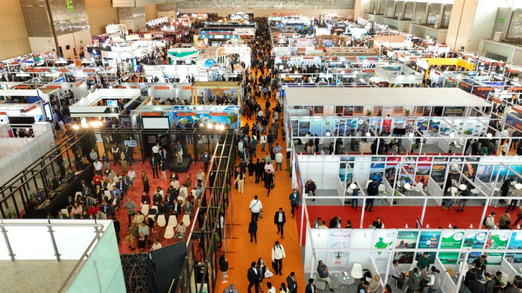 A bird's eye view of the SATTE exhibition hall at Hall No. 1 in Yashobhoomi, Dwarka, New Delhi