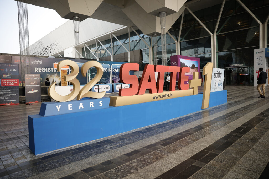 The SATTE signage outside the venue (Yashobhoomi, Dwarka, New Delhi)